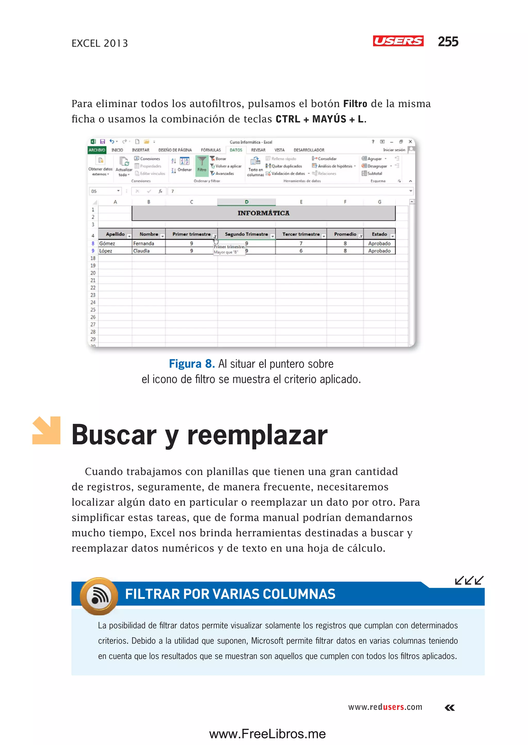EXCEL 2013 255
www.redusers.com
Para eliminar todos los autofiltros, pulsamos el botón Filtro de la misma
ficha o usamos la combinación de teclas CTRL + MAYÚS + L.
Figura 8. Al situar el puntero sobre
el icono de filtro se muestra el criterio aplicado.
Buscar y reemplazar
Cuando trabajamos con planillas que tienen una gran cantidad
de registros, seguramente, de manera frecuente, necesitaremos
localizar algún dato en particular o reemplazar un dato por otro. Para
simplificar estas tareas, que de forma manual podrían demandarnos
mucho tiempo, Excel nos brinda herramientas destinadas a buscar y
reemplazar datos numéricos y de texto en una hoja de cálculo.
La posibilidad de filtrar datos permite visualizar solamente los registros que cumplan con determinados
criterios. Debido a la utilidad que suponen, Microsoft permite filtrar datos en varias columnas teniendo
en cuenta que los resultados que se muestran son aquellos que cumplen con todos los filtros aplicados.
FILTRAR POR VARIAS COLUMNAS
www.FreeLibros.me
 