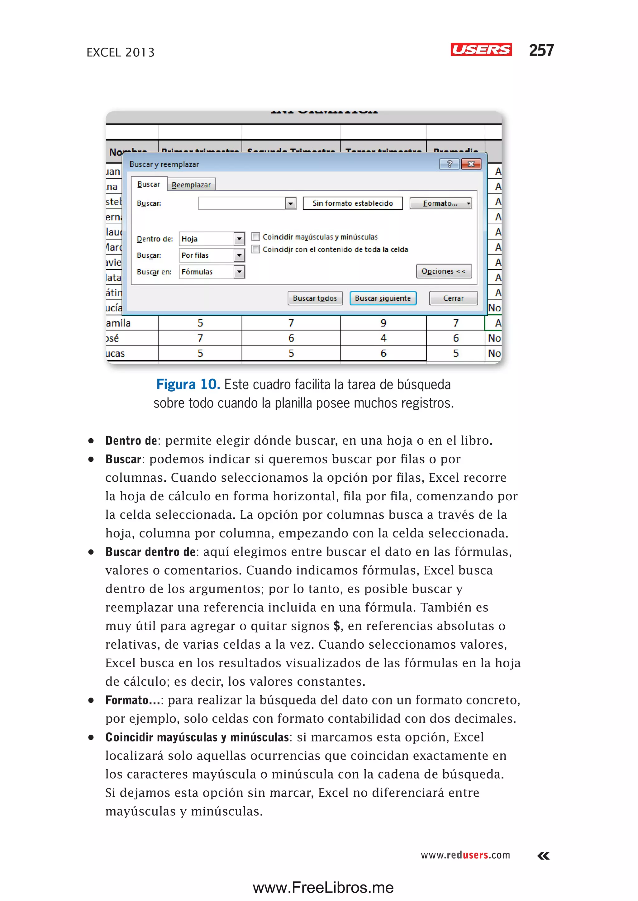 EXCEL 2013 257
www.redusers.com
Figura 10. Este cuadro facilita la tarea de búsqueda
sobre todo cuando la planilla posee muchos registros.
•	 Dentro de: permite elegir dónde buscar, en una hoja o en el libro.
•	 Buscar: podemos indicar si queremos buscar por filas o por
columnas. Cuando seleccionamos la opción por filas, Excel recorre
la hoja de cálculo en forma horizontal, fila por fila, comenzando por
la celda seleccionada. La opción por columnas busca a través de la
hoja, columna por columna, empezando con la celda seleccionada.
•	 Buscar dentro de: aquí elegimos entre buscar el dato en las fórmulas,
valores o comentarios. Cuando indicamos fórmulas, Excel busca
dentro de los argumentos; por lo tanto, es posible buscar y
reemplazar una referencia incluida en una fórmula. También es
muy útil para agregar o quitar signos $, en referencias absolutas o
relativas, de varias celdas a la vez. Cuando seleccionamos valores,
Excel busca en los resultados visualizados de las fórmulas en la hoja
de cálculo; es decir, los valores constantes.
•	 Formato…: para realizar la búsqueda del dato con un formato concreto,
por ejemplo, solo celdas con formato contabilidad con dos decimales.
•	 Coincidir mayúsculas y minúsculas: si marcamos esta opción, Excel
localizará solo aquellas ocurrencias que coincidan exactamente en
los caracteres mayúscula o minúscula con la cadena de búsqueda.
Si dejamos esta opción sin marcar, Excel no diferenciará entre
mayúsculas y minúsculas.
www.FreeLibros.me
 
