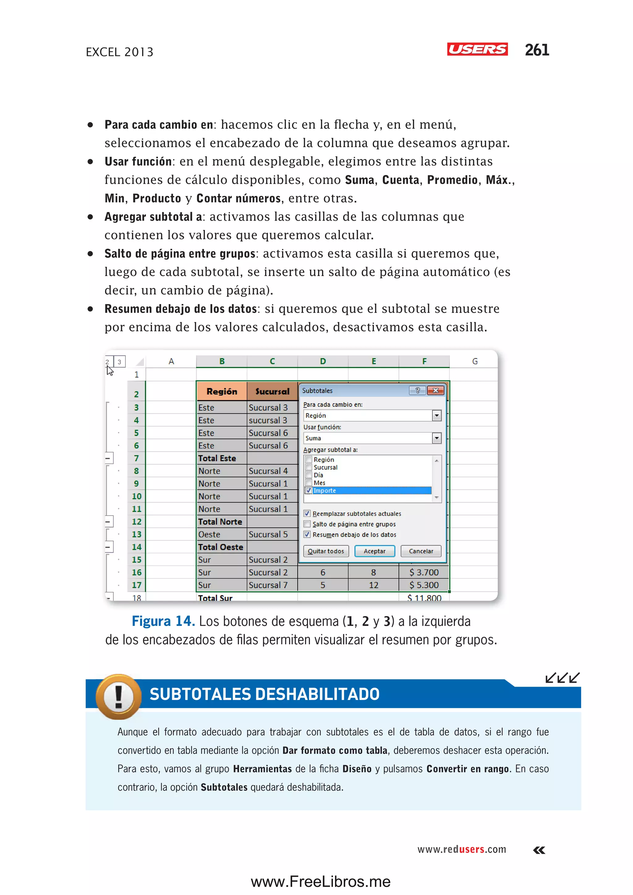 EXCEL 2013 261
www.redusers.com
•	 Para cada cambio en: hacemos clic en la flecha y, en el menú,
seleccionamos el encabezado de la columna que deseamos agrupar.
•	 Usar función: en el menú desplegable, elegimos entre las distintas
funciones de cálculo disponibles, como Suma, Cuenta, Promedio, Máx.,
Min, Producto y Contar números, entre otras.
•	 Agregar subtotal a: activamos las casillas de las columnas que
contienen los valores que queremos calcular.
•	 Salto de página entre grupos: activamos esta casilla si queremos que,
luego de cada subtotal, se inserte un salto de página automático (es
decir, un cambio de página).
•	 Resumen debajo de los datos: si queremos que el subtotal se muestre
por encima de los valores calculados, desactivamos esta casilla.
Figura 14. Los botones de esquema (1, 2 y 3) a la izquierda
de los encabezados de filas permiten visualizar el resumen por grupos.
Aunque el formato adecuado para trabajar con subtotales es el de tabla de datos, si el rango fue
convertido en tabla mediante la opción Dar formato como tabla, deberemos deshacer esta operación.
Para esto, vamos al grupo Herramientas de la ficha Diseño y pulsamos Convertir en rango. En caso
contrario, la opción Subtotales quedará deshabilitada.
SUBTOTALES DESHABILITADO
www.FreeLibros.me
 