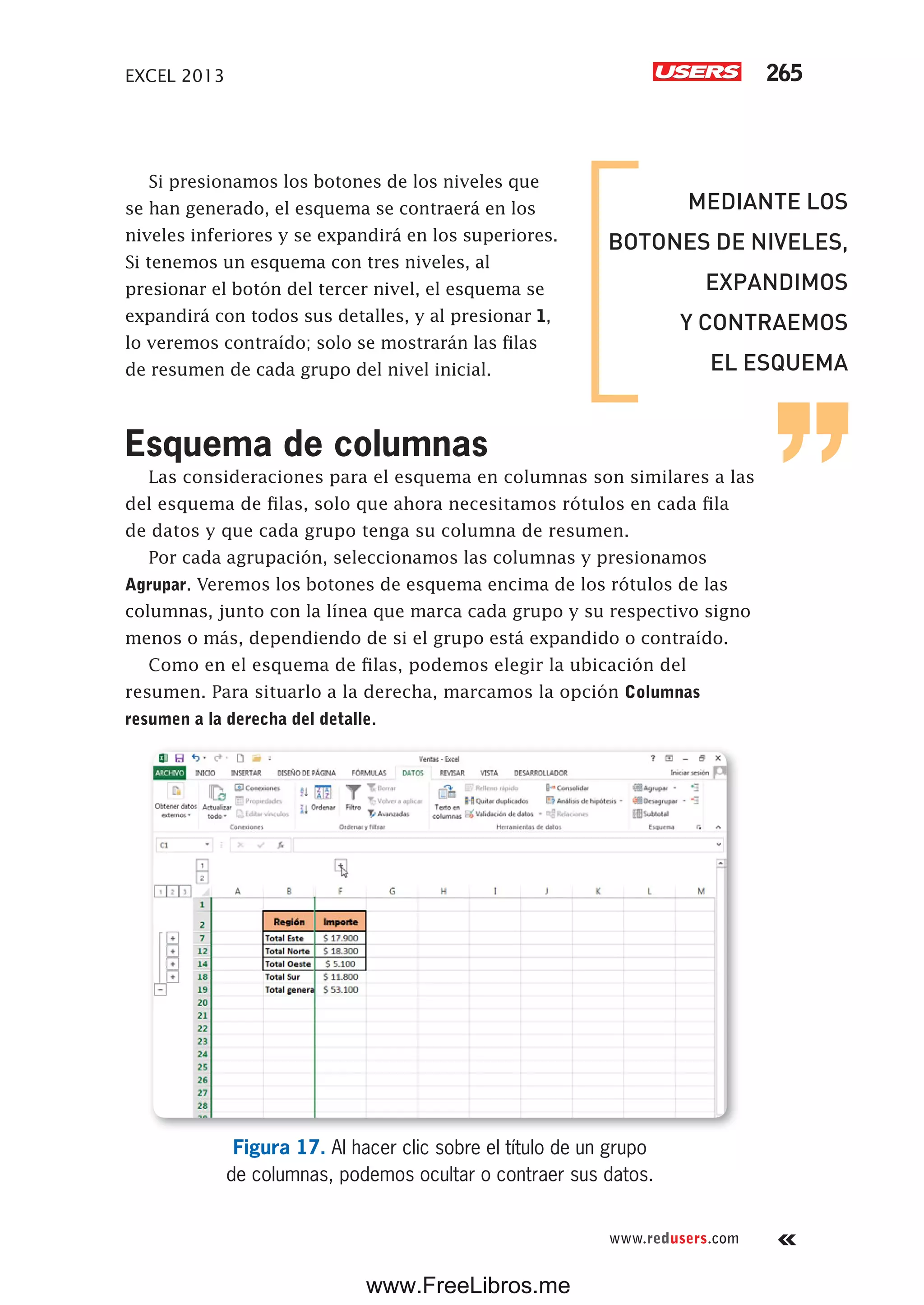 EXCEL 2013 265
www.redusers.com
Si presionamos los botones de los niveles que
se han generado, el esquema se contraerá en los
niveles inferiores y se expandirá en los superiores.
Si tenemos un esquema con tres niveles, al
presionar el botón del tercer nivel, el esquema se
expandirá con todos sus detalles, y al presionar 1,
lo veremos contraído; solo se mostrarán las filas
de resumen de cada grupo del nivel inicial.
Esquema de columnas
Las consideraciones para el esquema en columnas son similares a las
del esquema de filas, solo que ahora necesitamos rótulos en cada fila
de datos y que cada grupo tenga su columna de resumen.
Por cada agrupación, seleccionamos las columnas y presionamos
Agrupar. Veremos los botones de esquema encima de los rótulos de las
columnas, junto con la línea que marca cada grupo y su respectivo signo
menos o más, dependiendo de si el grupo está expandido o contraído.
Como en el esquema de filas, podemos elegir la ubicación del
resumen. Para situarlo a la derecha, marcamos la opción Columnas
resumen a la derecha del detalle.
Figura 17. Al hacer clic sobre el título de un grupo
de columnas, podemos ocultar o contraer sus datos.
MEDIANTE LOS
BOTONES DE NIVELES,
EXPANDIMOS
Y CONTRAEMOS
EL ESQUEMA
www.FreeLibros.me
 