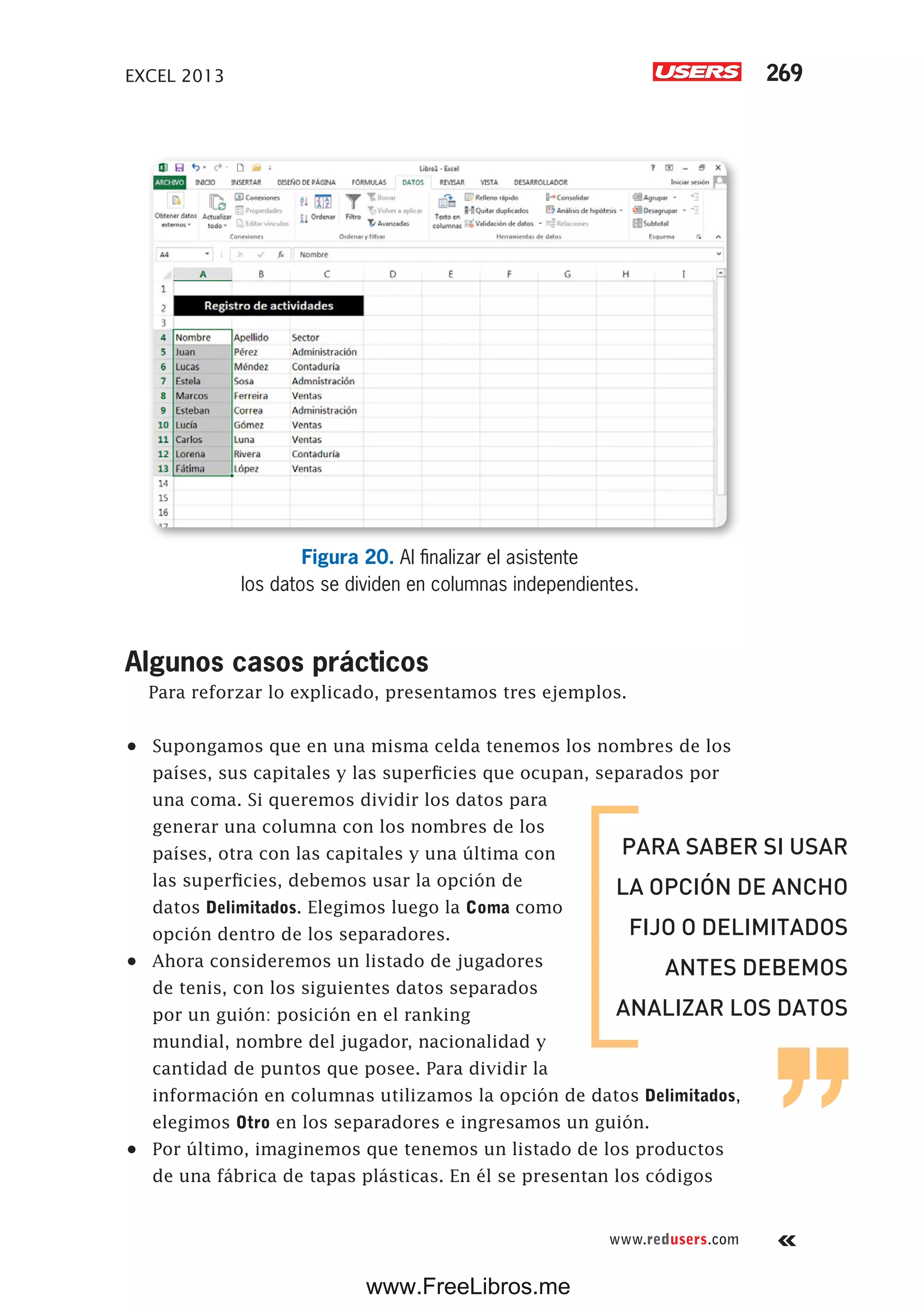 EXCEL 2013 269
www.redusers.com
Figura 20. Al finalizar el asistente
los datos se dividen en columnas independientes.
Algunos casos prácticos
Para reforzar lo explicado, presentamos tres ejemplos.
•	 Supongamos que en una misma celda tenemos los nombres de los
países, sus capitales y las superficies que ocupan, separados por
una coma. Si queremos dividir los datos para
generar una columna con los nombres de los
países, otra con las capitales y una última con
las superficies, debemos usar la opción de
datos Delimitados. Elegimos luego la Coma como
opción dentro de los separadores.
•	 Ahora consideremos un listado de jugadores
de tenis, con los siguientes datos separados
por un guión: posición en el ranking
mundial, nombre del jugador, nacionalidad y
cantidad de puntos que posee. Para dividir la
información en columnas utilizamos la opción de datos Delimitados,
elegimos Otro en los separadores e ingresamos un guión.
•	 Por último, imaginemos que tenemos un listado de los productos
de una fábrica de tapas plásticas. En él se presentan los códigos
PARA SABER SI USAR
LA OPCIÓN DE ANCHO
FIJO O DELIMITADOS
ANTES DEBEMOS
ANALIZAR LOS DATOS
www.FreeLibros.me
 