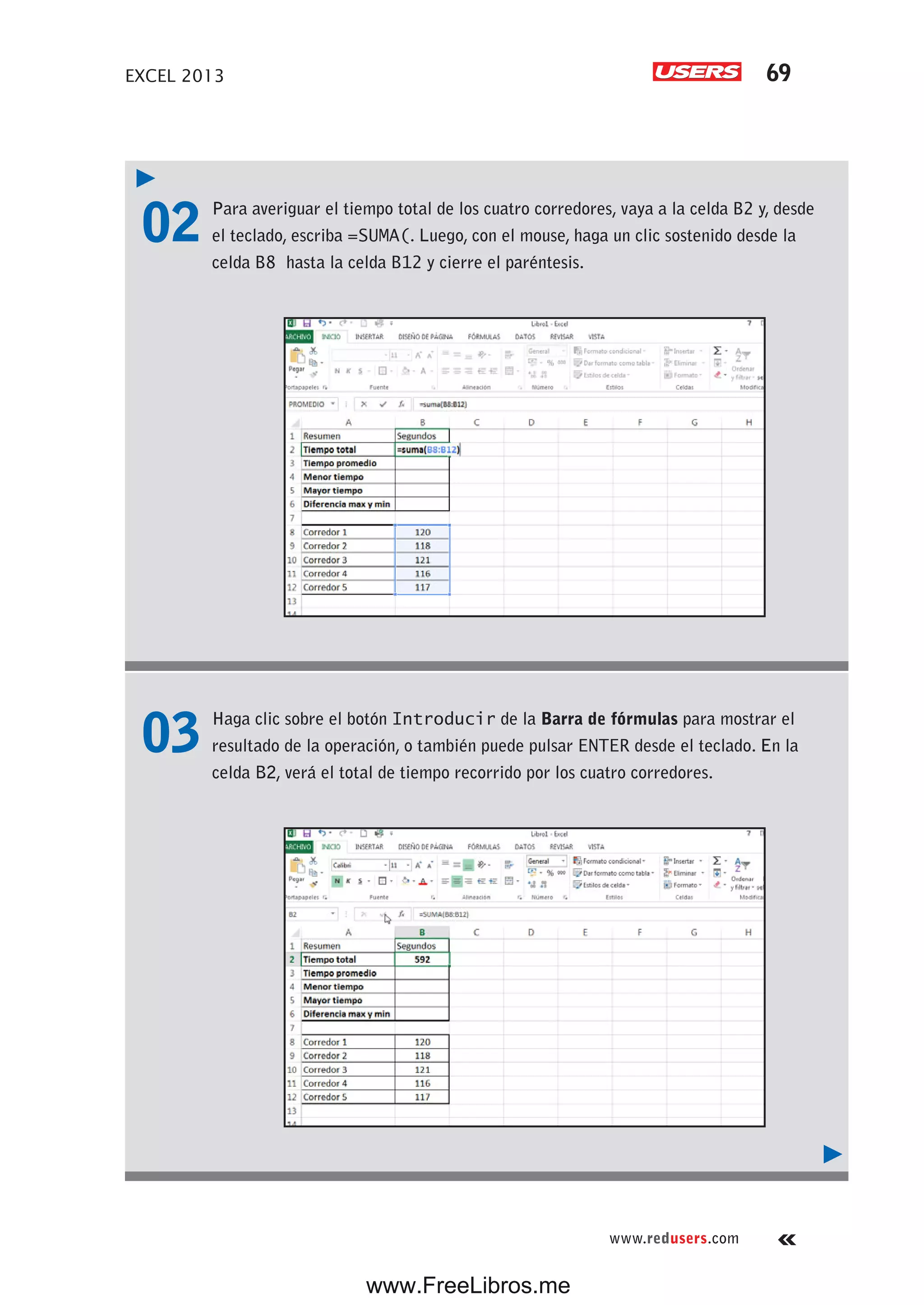 EXCEL 2013 69
www.redusers.com
02 Para averiguar el tiempo total de los cuatro corredores, vaya a la celda B2 y, desde
el teclado, escriba =SUMA(. Luego, con el mouse, haga un clic sostenido desde la
celda B8 hasta la celda B12 y cierre el paréntesis.
03 Haga clic sobre el botón Introducir de la Barra de fórmulas para mostrar el
resultado de la operación, o también puede pulsar ENTER desde el teclado. En la
celda B2, verá el total de tiempo recorrido por los cuatro corredores.
www.FreeLibros.me
 