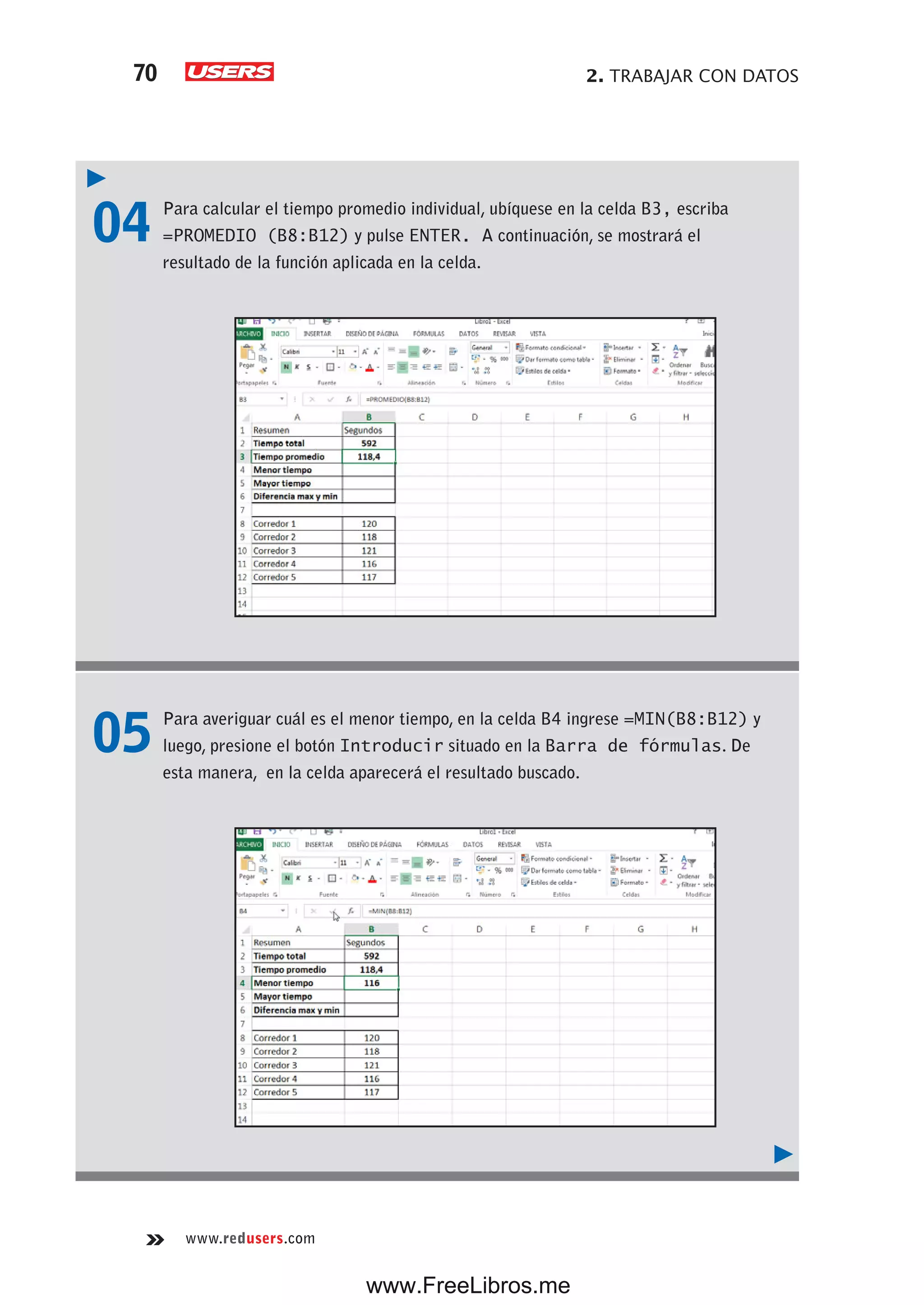 2. TRABAJAR CON DATOS70
www.redusers.com
04 Para calcular el tiempo promedio individual, ubíquese en la celda B3, escriba
=PROMEDIO (B8:B12) y pulse ENTER. A continuación, se mostrará el
resultado de la función aplicada en la celda.
05 Para averiguar cuál es el menor tiempo, en la celda B4 ingrese =MIN(B8:B12) y
luego, presione el botón Introducir situado en la Barra de fórmulas. De
esta manera, en la celda aparecerá el resultado buscado.
www.FreeLibros.me
 