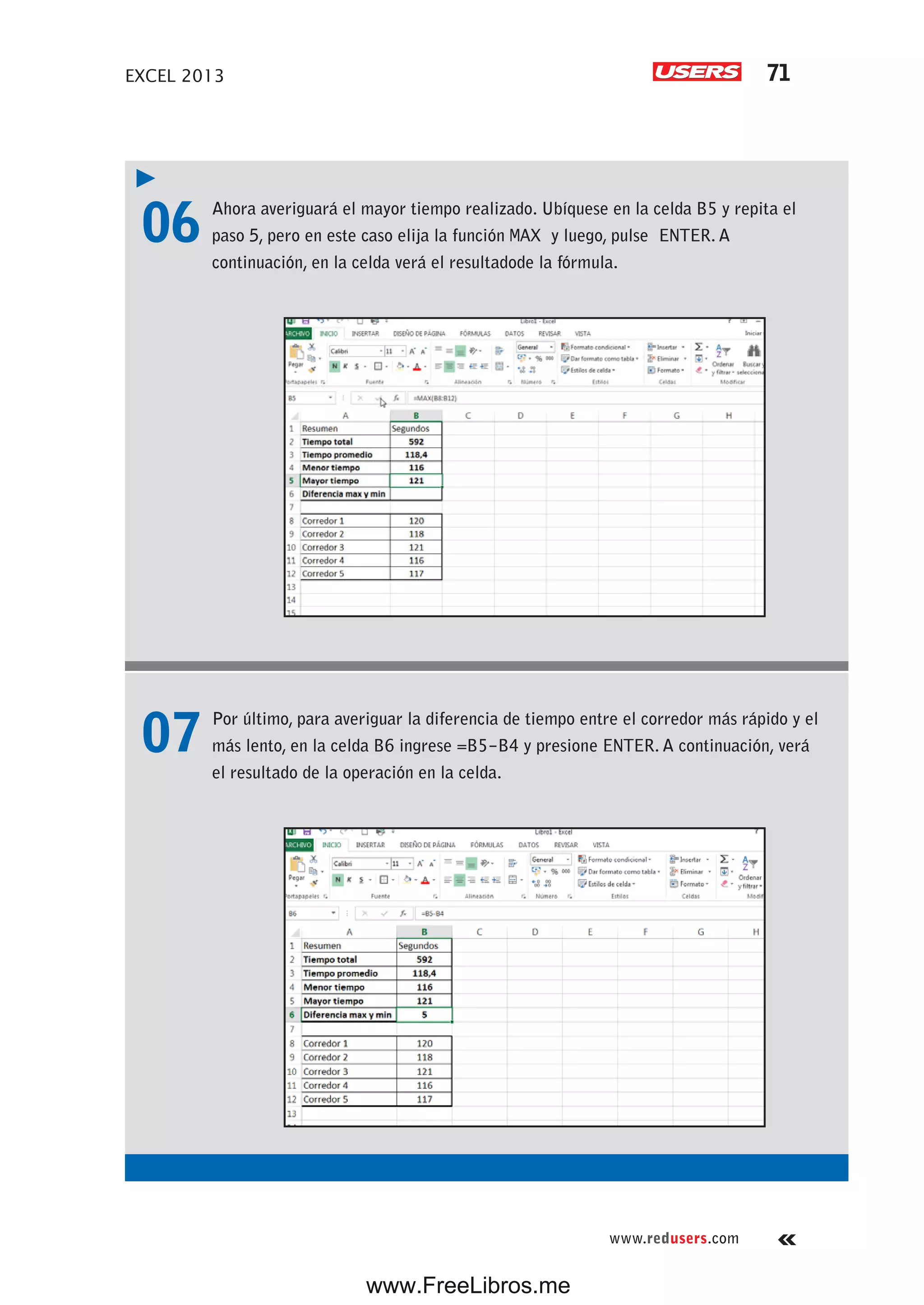 EXCEL 2013 71
www.redusers.com
06 Ahora averiguará el mayor tiempo realizado. Ubíquese en la celda B5 y repita el
paso 5, pero en este caso elija la función MAX y luego, pulse ENTER. A
continuación, en la celda verá el resultadode la fórmula.
07 Por último, para averiguar la diferencia de tiempo entre el corredor más rápido y el
más lento, en la celda B6 ingrese =B5-B4 y presione ENTER. A continuación, verá
el resultado de la operación en la celda.
www.FreeLibros.me
 