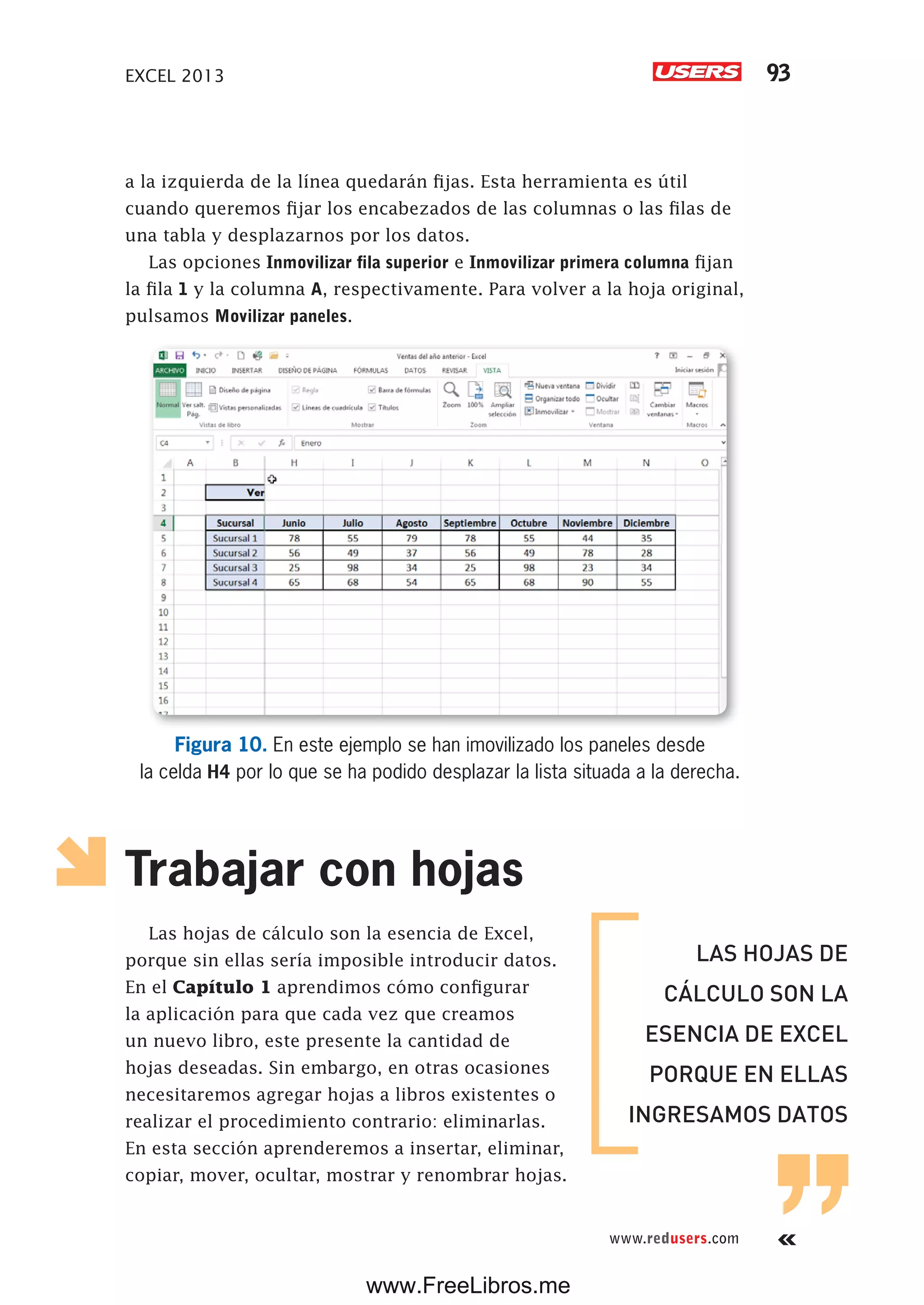 EXCEL 2013 93
www.redusers.com
a la izquierda de la línea quedarán fijas. Esta herramienta es útil
cuando queremos fijar los encabezados de las columnas o las filas de
una tabla y desplazarnos por los datos.
Las opciones Inmovilizar fila superior e Inmovilizar primera columna fijan
la fila 1 y la columna A, respectivamente. Para volver a la hoja original,
pulsamos Movilizar paneles.
Figura 10. En este ejemplo se han imovilizado los paneles desde
la celda H4 por lo que se ha podido desplazar la lista situada a la derecha.
Trabajar con hojas
Las hojas de cálculo son la esencia de Excel,
porque sin ellas sería imposible introducir datos.
En el Capítulo 1 aprendimos cómo configurar
la aplicación para que cada vez que creamos
un nuevo libro, este presente la cantidad de
hojas deseadas. Sin embargo, en otras ocasiones
necesitaremos agregar hojas a libros existentes o
realizar el procedimiento contrario: eliminarlas.
En esta sección aprenderemos a insertar, eliminar,
copiar, mover, ocultar, mostrar y renombrar hojas.
LAS HOJAS DE
CÁLCULO SON LA
ESENCIA DE EXCEL
PORQUE EN ELLAS
INGRESAMOS DATOS
www.FreeLibros.me
 