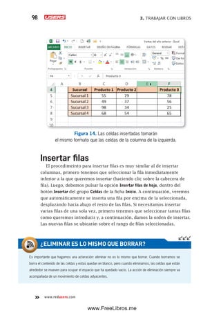 3. TRABAJAR CON LIBROS98
www.redusers.com
Figura 14. Las celdas insertadas tomarán
el mismo formato que las celdas de la columna de la izquierda.
Insertar filas
El procedimeinto para insertar filas es muy similar al de insertar
columnas, primero tenemos que seleccionar la fila inmediatamente
inferior a la que queremos insertar (haciendo clic sobre la cabecera de
fila). Luego, debemos pulsar la opción Insertar filas de hoja, dentro del
botón Insertar del grupo Celdas de la ficha Inicio. A continuación, veremos
que automáticamente se inserta una fila por encima de la seleccionada,
desplazando hacia abajo el resto de las filas. Si necesitamos insertar
varias filas de una sola vez, primero tenemos que seleccionar tantas filas
como queremos introducir y, a continuación, damos la orden de insertar.
Las nuevas filas se ubicarán sobre el rango de filas seleccionadas.
Es importante que hagamos una aclaración: eliminar no es lo mismo que borrar. Cuando borramos se
borra el contenido de las celdas y estas quedan en blanco, pero cuando eliminamos, las celdas que están
alrededor se mueven para ocupar el espacio que ha quedado vacío. La acción de eliminación siempre va
acompañada de un movimiento de celdas adyacentes.
¿ELIMINAR ES LO MISMO QUE BORRAR?
www.FreeLibros.me
 