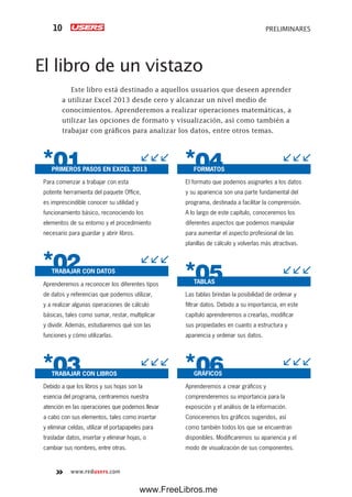 www.redusers.com
PRELIMINARES10
El libro de un vistazo
Este libro está destinado a aquellos usuarios que deseen aprender
a utilizar Excel 2013 desde cero y alcanzar un nivel medio de
conocimientos. Aprenderemos a realizar operaciones matemáticas, a
utilizar las opciones de formato y visualización, así como también a
trabajar con gráficos para analizar los datos, entre otros temas.
PRIMEROS PASOS EN EXCEL 2013
Para comenzar a trabajar con esta
potente herramienta del paquete Office,
es imprescindible conocer su utilidad y
funcionamiento básico, reconociendo los
elementos de su entorno y el procedimiento
necesario para guardar y abrir libros.
TRABAJAR CON DATOS
Aprenderemos a reconocer los diferentes tipos
de datos y referencias que podemos utilizar,
y a realizar algunas operaciones de cálculo
básicas, tales como sumar, restar, multiplicar
y dividir. Además, estudiaremos qué son las
funciones y cómo utilizarlas.
TRABAJAR CON LIBROS
Debido a que los libros y sus hojas son la
esencia del programa, centraremos nuestra
atención en las operaciones que podemos llevar
a cabo con sus elementos, tales como insertar
y eliminar celdas, utilizar el portapapeles para
trasladar datos, insertar y eliminar hojas, o
cambiar sus nombres, entre otras.
FORMATOS
El formato que podemos asignarles a los datos
y su apariencia son una parte fundamental del
programa, destinada a facilitar la comprensión.
A lo largo de este capítulo, conoceremos los
diferentes aspectos que podemos manipular
para aumentar el aspecto profesional de las
planillas de cálculo y volverlas más atractivas.
TABLAS
Las tablas brindan la posibilidad de ordenar y
filtrar datos. Debido a su importancia, en este
capítulo aprenderemos a crearlas, modificar
sus propiedades en cuanto a estructura y
apariencia y ordenar sus datos.
GRÁFICOS
Aprenderemos a crear gráficos y
comprenderemos su importancia para la
exposición y el análisis de la información.
Conoceremos los gráficos sugeridos, así
como también todos los que se encuentran
disponibles. Modificaremos su apariencia y el
modo de visualización de sus componentes.
www.FreeLibros.me
 