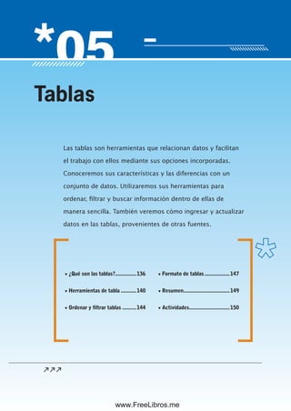 Servicio de atención al lector: usershop@redusers.com
Las tablas son herramientas que relacionan datos y facilitan
el trabajo con ellos mediante sus opciones incorporadas.
Conoceremos sus características y las diferencias con un
conjunto de datos. Utilizaremos sus herramientas para
ordenar, filtrar y buscar información dentro de ellas de
manera sencilla. También veremos cómo ingresar y actualizar
datos en las tablas, provenientes de otras fuentes.
Tablas
▼ ¿Qué son las tablas?...............136
▼ Herramientas de tabla ...........140
▼ Ordenar y filtrar tablas ..........144
▼ Formato de tablas..................147
▼ Resumen.................................149
▼ Actividades.............................150
www.FreeLibros.me
 