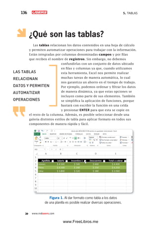5. TABLAS136
www.redusers.com
¿Qué son las tablas?
Las tablas relacionan los datos contenidos en una hoja de cálculo
y permiten automatizar operaciones para trabajar con la información.
Están integradas por columnas denominadas campos y por filas
que reciben el nombre de registros. Sin embargo, no debemos
confundirlas con un conjunto de datos ubicado
en filas y columnas ya que, cuando utilizamos
esta herramienta, Excel nos permite realizar
muchas tareas de manera automática, lo cual
nos garantiza un ahorro en el tiempo de trabajo.
Por ejemplo, podemos ordenar y filtrar los datos
de manera dinámica, ya que estas opciones se
incluyen como parte de sus elementos. También
se simplifica la aplicación de funciones, porque
bastará con escribir la función en una celda
y presionar ENTER para que esta se copie en
el resto de la columna. Además, es posible seleccionar desde una
galería distintos estilos de tabla para aplicar formato en todos sus
componentes de manera rápida y fácil.
Figura 1. Al dar formato como tabla a los datos
de una planilla es posible realizar diversas operaciones.
LAS TABLAS
RELACIONAN
DATOS Y PERMITEN
AUTOMATIZAR
OPERACIONES
www.FreeLibros.me
 