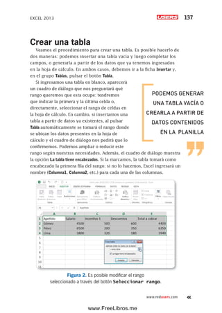 EXCEL 2013 137
www.redusers.com
Crear una tabla
Veamos el procedimiento para crear una tabla. Es posible hacerlo de
dos maneras: podemos insertar una tabla vacía y luego completar los
campos, o generarla a partir de los datos que ya tenemos ingresados
en la hoja de cálculo. En ambos casos, debemos ir a la ficha Insertar y,
en el grupo Tablas, pulsar el botón Tabla.
Si ingresamos una tabla en blanco, aparecerá
un cuadro de diálogo que nos preguntará qué
rango queremos que esta ocupe: tendremos
que indicar la primera y la última celda o,
directamente, seleccionar el rango de celdas en
la hoja de cálculo. En cambio, si insertamos una
tabla a partir de datos ya existentes, al pulsar
Tabla automáticamente se tomará el rango donde
se ubican los datos presentes en la hoja de
cálculo y el cuadro de diálogo nos pedirá que lo
confirmemos. Podemos ampliar o reducir este
rango según nuestras necesidades. Además, el cuadro de diálogo muestra
la opción La tabla tiene encabezados. Si la marcamos, la tabla tomará como
encabezado la primera fila del rango; si no lo hacemos, Excel ingresará un
nombre (Columna1, Columna2, etc.) para cada una de las columnas.
Figura 2. Es posible modificar el rango
seleccionado a través del botón Seleccionar rango.
PODEMOS GENERAR
UNA TABLA VACÍA O
CREARLA A PARTIR DE
DATOS CONTENIDOS
EN LA PLANILLA
www.FreeLibros.me
 