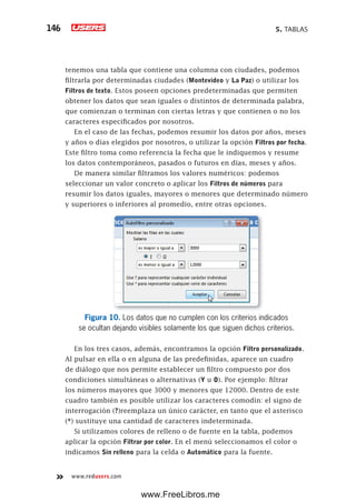 5. TABLAS146
www.redusers.com
tenemos una tabla que contiene una columna con ciudades, podemos
filtrarla por determinadas ciudades (Montevideo y La Paz) o utilizar los
Filtros de texto. Estos poseen opciones predeterminadas que permiten
obtener los datos que sean iguales o distintos de determinada palabra,
que comienzan o terminan con ciertas letras y que contienen o no los
caracteres especificados por nosotros.
En el caso de las fechas, podemos resumir los datos por años, meses
y años o días elegidos por nosotros, o utilizar la opción Filtros por fecha.
Este filtro toma como referencia la fecha que le indiquemos y resume
los datos contemporáneos, pasados o futuros en días, meses y años.
De manera similar filtramos los valores numéricos: podemos
seleccionar un valor concreto o aplicar los Filtros de números para
resumir los datos iguales, mayores o menores que determinado número
y superiores o inferiores al promedio, entre otras opciones.
Figura 10. Los datos que no cumplen con los criterios indicados
se ocultan dejando visibles solamente los que siguen dichos criterios.
En los tres casos, además, encontramos la opción Filtro personalizado.
Al pulsar en ella o en alguna de las predefinidas, aparece un cuadro
de diálogo que nos permite establecer un filtro compuesto por dos
condiciones simultáneas o alternativas (Y u O). Por ejemplo: filtrar
los números mayores que 3000 y menores que 12000. Dentro de este
cuadro también es posible utilizar los caracteres comodín: el signo de
interrogación (?)reemplaza un único carácter, en tanto que el asterisco
(*) sustituye una cantidad de caracteres indeterminada.
Si utilizamos colores de relleno o de fuente en la tabla, podemos
aplicar la opción Filtrar por color. En el menú seleccionamos el color o
indicamos Sin relleno para la celda o Automático para la fuente.
www.FreeLibros.me
 