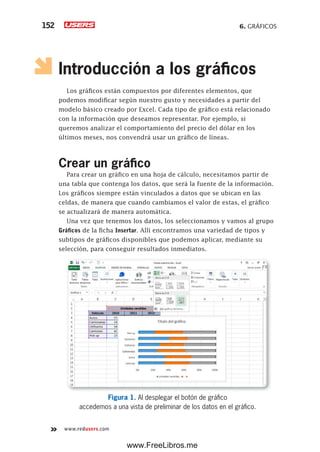 6. GRÁFICOS152
www.redusers.com
Introducción a los gráficos
Los gráficos están compuestos por diferentes elementos, que
podemos modificar según nuestro gusto y necesidades a partir del
modelo básico creado por Excel. Cada tipo de gráfico está relacionado
con la información que deseamos representar. Por ejemplo, si
queremos analizar el comportamiento del precio del dólar en los
últimos meses, nos convendrá usar un gráfico de líneas.
Crear un gráfico
Para crear un gráfico en una hoja de cálculo, necesitamos partir de
una tabla que contenga los datos, que será la fuente de la información.
Los gráficos siempre están vinculados a datos que se ubican en las
celdas, de manera que cuando cambiamos el valor de estas, el gráfico
se actualizará de manera automática.
Una vez que tenemos los datos, los seleccionamos y vamos al grupo
Gráficos de la ficha Insertar. Allí encontramos una variedad de tipos y
subtipos de gráficos disponibles que podemos aplicar, mediante su
selección, para conseguir resultados inmediatos.
Figura 1. Al desplegar el botón de gráfico
accedemos a una vista de preliminar de los datos en el gráfico.
www.FreeLibros.me
 