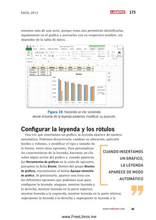 EXCEL 2013 173
www.redusers.com
tenemos más de una serie, porque estas nos permitirán identificarlas
rápidamente en el gráfico y asociarlas con su respectivo nombre, sin
depender de la tabla de datos.
Figura 19. Haciendo un clic sostenido
desde el borde de la leyenda podemos modificar su posición.
Configurar la leyenda y los rótulos
Una vez que insertamos un gráfico, la leyenda aparece de manera
automática. Podemos desactivarla, cambiar su ubicación, aplicarle
bordes y rellenos, y modificar el tipo y tamaño de
la fuente, entre otras opciones. Para personalizar
las características de la leyenda, hacemos un clic
sobre algún sector del gráfico y, cuando aparecen
las Herramientas de gráficos en la cinta de opciones,
pulsamos la ficha Diseño. Dentro del grupo Diseños
de gráficos, encontramos el botón Agregar elemento
de gráfico. Al presionarlo, aparece una lista con
las diferentes opciones que podemos usar para
configurar la leyenda: ninguno, mostrar leyenda a
la derecha, mostrar leyenda en la parte superior,
mostrar leyenda a la izquierda, mostrar leyenda en la parte inferior,
superponer la leyenda a la derecha y superponer la leyenda a la
CUANDO INSERTAMOS
UN GRÁFICO,
LA LEYENDA
APARECE DE MODO
AUTOMÁTICO
www.FreeLibros.me
 