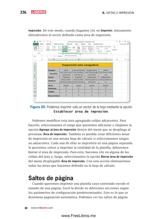 8. VISTAS E IMPRESIÓN236
www.redusers.com
impresión. De este modo, cuando hagamos clic en Imprimir, únicamente
obtendremos el sector definido como área de impresión.
Figura 20. Podemos imprimir solo un sector de la hoja mediante la opción
Establecer área de impresión.
Podemos modificar esta área agregando celdas adyacentes. Para
hacerlo, seleccionamos el rango que queremos adicionar y elegimos la
opción Agregar al área de impresión dentro del menú que se despliega al
presionar Área de impresión. También es posible crear diferentes áreas
de impresión en una misma hoja de cálculo si seleccionamos rangos
no adyacentes. Cada una de ellas se imprimirá en una página separada.
Si queremos volver a imprimir la totalidad de la planilla, deberemos
borrar el área de impresión. Para esto, hacemos clic en alguna de las
celdas del área y, luego, seleccionamos la opción Borrar área de impresión
del menú desplegable Área de impresión. Con esta acción eliminaremos
todas las áreas que hayamos definido en la hoja de cálculo.
Saltos de página
Cuando queremos imprimir una planilla cuyo contenido excede el
tamaño de una página, Excel la divide en diferentes secciones según
los parámetros de configuración predeterminados. Esto es lo que se
denomina paginación automática. Podemos ver los saltos de página
www.FreeLibros.me
 
