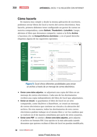 APÉNDICE. EXCEL Y SU RELACIÓN CON INTERNET310
www.redusers.com
Cómo hacerlo
De manera muy simple y desde la misma aplicación de escritorio,
podemos enviar libros de Excel a través del correo electrónico. Para
hacerlo, primero debemos tener configurado un gestor de correo en
nuestra computadora, como Outlook, Thunderbird o LotusNote. Luego,
abrimos el libro que deseamos compartir, vamos a la ficha Archivo
y hacemos clic en Compartir/Correo electrónico y en el panel derecho
elegimos alguna de las siguientes opciones:
Figura 5. Excel ofrece diferentes posibilidades para enviar
un archivo a través de un mensaje de correo electrónico.
•	 Enviar como datos adjuntos: se adjuntará una copia del libro en un
mensaje de correo electrónico. Cada uno de los destinatarios
recibirá una copia independiente del libro de Excel que adjuntamos.
•	 Enviar un vínculo: si guardamos el libro de Excel en un sitio
compartido, como SkyDrive o SharePoint, se creará un mensaje
de correo electrónico que contiene un vínculo a la ubicación del
archivo. De esta manera, todos los destinatarios de este correo
electrónico podrán trabajar en el mismo libro y ver los cambios que
se realicen en él de manera simultánea por parte de otros usuarios.
•	 Enviar como PDF: es similar a Enviar como datos adjuntos, pero adjunta
el archivo en formato PDF. Esta opción es la más adecuada cuando
deseamos que quienes reciban el libro de Excel no puedan modificarlo.
www.FreeLibros.me
 