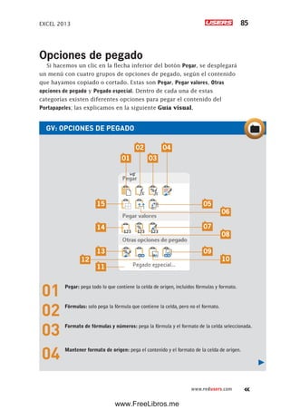 EXCEL 2013 85
www.redusers.com
GV: OPCIONES DE PEGADO
01 Pegar: pega todo lo que contiene la celda de origen, incluidos fórmulas y formato.
02 Fórmulas: solo pega la fórmula que contiene la celda, pero no el formato.
03 Formato de fórmulas y números: pega la fórmula y el formato de la celda seleccionada.
04 Mantener formato de origen: pega el contenido y el formato de la celda de origen.
Opciones de pegado
Si hacemos un clic en la flecha inferior del botón Pegar, se desplegará
un menú con cuatro grupos de opciones de pegado, según el contenido
que hayamos copiado o cortado. Estas son Pegar, Pegar valores, Otras
opciones de pegado y Pegado especial. Dentro de cada una de estas
categorías existen diferentes opciones para pegar el contenido del
Portapapeles; las explicamos en la siguiente Guía visual.
01 03
05
07
09
15
14
13
11
12
06
08
10
02 04
www.FreeLibros.me
 