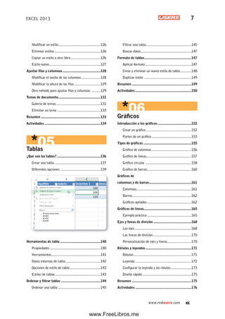 www.redusers.com
EXCEL 2013 7
Modificar un estilo...............................................126
Eliminar estilos ...................................................126
Copiar un estilo a otro libro.................................126
Estilo nuevo.........................................................127
Ajustar filas y columnas..........................................128
Modificar el ancho de las columnas.....................128
Modificar la altura de las filas.............................129
Otro método para ajustar filas y columnas ..........129
Temas de documento...............................................131
Galería de temas.................................................131
Eliminar un tema ................................................133
Resumen ..................................................................133
Actividades ..............................................................134
Tablas
¿Qué son las tablas? ................................................136
Crear una tabla ...................................................137
Diferentes opciones ............................................139
Herramientas de tabla.............................................140
Propiedades ........................................................140
Herramientas......................................................141
Datos externos de tabla.......................................142
Opciones de estilo de tabla..................................143
Estilos de tablas ..................................................143
Ordenar y filtrar tablas ............................................144
Ordenar una tabla ...............................................145
Filtrar una tabla..................................................145
Buscar datos........................................................147
Formato de tablas....................................................147
Aplicar formato...................................................147
Crear y eliminar un nuevo estilo de tabla.............148
Duplicar estilo ....................................................149
Resumen ..................................................................149
Actividades ..............................................................150
Gráficos
Introducción a los gráficos .....................................152
Crear un gráfico ..................................................152
Partes de un gráfico............................................153
Tipos de gráficos .....................................................155
Gráfico de columnas............................................156
Gráfico de líneas..................................................157
Gráfico circular ...................................................158
Gráfico de barras.................................................160
Gráficos de
columnas y de barras...............................................161
Columnas.............................................................161
Barras.................................................................162
Gráficos apilados.................................................162
Gráficos de líneas.....................................................165
Ejemplo práctico.................................................165
Ejes y líneas de división ..........................................168
Los ejes...............................................................168
Las líneas de división...........................................170
Personalización de ejes y líneas...........................170
Rótulos y leyendas...................................................171
Rótulos................................................................171
Leyenda ..............................................................172
Configurar la leyenda y los rótulos.......................173
Diseño rápido ......................................................175
Resumen ..................................................................175
Actividades ..............................................................176
www.FreeLibros.me
 