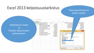 Excel 2013 kelpoisuustarkistus Tässä tapauksessa on
valittu luettelo
Välilehdessä Tiedot
ja
Tietojen kelpoisuuden
tarkistaminen
 