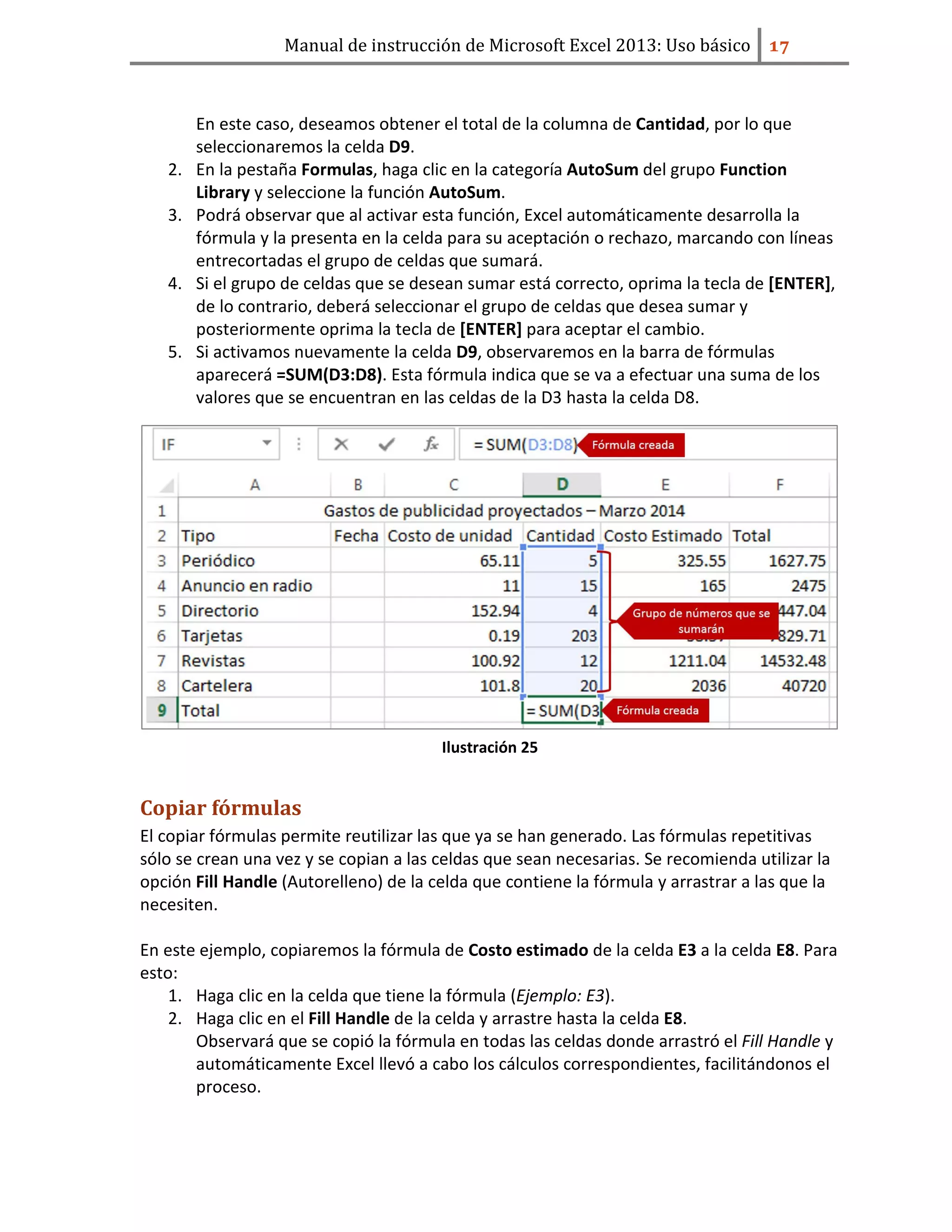 Manual de instrucción de Microsoft Excel 2013: Uso básico ͥ͟
En este caso, deseamos obtener el total de la columna de Cantidad, por lo que
seleccionaremos la celda D9.
2. En la pestaña Formulas, haga clic en la categoría AutoSum del grupo Function
Library y seleccione la función AutoSum.
3. Podrá observar que al activar esta función, Excel automáticamente desarrolla la
fórmula y la presenta en la celda para su aceptación o rechazo, marcando con líneas
entrecortadas el grupo de celdas que sumará.
4. Si el grupo de celdas que se desean sumar está correcto, oprima la tecla de [ENTER],
de lo contrario, deberá seleccionar el grupo de celdas que desea sumar y
posteriormente oprima la tecla de [ENTER] para aceptar el cambio.
5. Si activamos nuevamente la celda D9, observaremos en la barra de fórmulas
aparecerá =SUM(D3:D8). Esta fórmula indica que se va a efectuar una suma de los
valores que se encuentran en las celdas de la D3 hasta la celda D8.
Ilustración 25
Copiar fórmulas
El copiar fórmulas permite reutilizar las que ya se han generado. Las fórmulas repetitivas
sólo se crean una vez y se copian a las celdas que sean necesarias. Se recomienda utilizar la
opción Fill Handle (Autorelleno) de la celda que contiene la fórmula y arrastrar a las que la
necesiten.
En este ejemplo, copiaremos la fórmula de Costo estimado de la celda E3 a la celda E8. Para
esto:
1. Haga clic en la celda que tiene la fórmula (Ejemplo: E3).
2. Haga clic en el Fill Handle de la celda y arrastre hasta la celda E8.
Observará que se copió la fórmula en todas las celdas donde arrastró el Fill Handle y
automáticamente Excel llevó a cabo los cálculos correspondientes, facilitándonos el
proceso.
 
