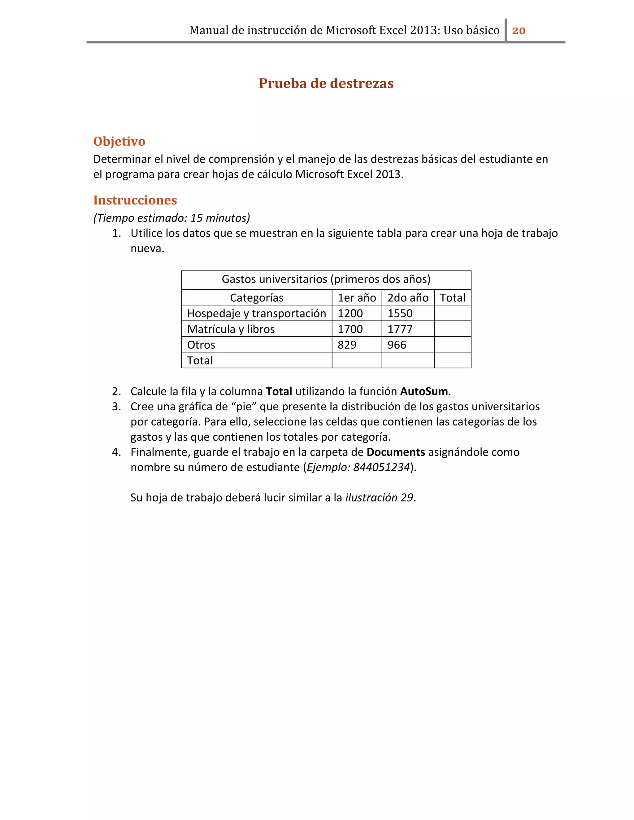 Manual de instrucción de Microsoft Excel 2013: Uso básico ͠͞
Prueba de destrezas
Objetivo
Determinar el nivel de comprensión y el manejo de las destrezas básicas del estudiante en
el programa para crear hojas de cálculo Microsoft Excel 2013.
Instrucciones
(Tiempo estimado: 15 minutos)
1. Utilice los datos que se muestran en la siguiente tabla para crear una hoja de trabajo
nueva.
Gastos universitarios (primeros dos años)
Categorías 1er año 2do año Total
Hospedaje y transportación 1200 1550
Matrícula y libros 1700 1777
Otros 829 966
Total
2. Calcule la fila y la columna Total utilizando la función AutoSum.
3. Cree una gráfica de “pie” que presente la distribución de los gastos universitarios
por categoría. Para ello, seleccione las celdas que contienen las categorías de los
gastos y las que contienen los totales por categoría.
4. Finalmente, guarde el trabajo en la carpeta de Documents asignándole como
nombre su número de estudiante (Ejemplo: 844051234).
Su hoja de trabajo deberá lucir similar a la ilustración 29.
 