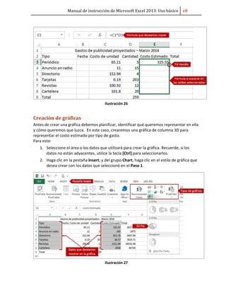 Manual de instrucción de Microsoft Excel 2013: Uso básico ͦ͟
Ilustración 26
Creación de gráficas
Antes de crear una gráfica debemos planificar, identificar qué queremos representar en ella
y cómo queremos que luzca. En este caso, crearemos una gráfica de columna 3D para
representar el costo estimado por tipo de gasto.
Para esto:
1. Seleccione el área o los datos que utilizará para crear la gráfica. Recuerde, si los
datos no están adyacentes, utilice la tecla [Ctrl] para seleccionarlos.
2. Haga clic en la pestaña Insert, y del grupo Chart, haga clic en el estilo de gráfica que
desea crear con los datos que seleccionó en el Paso 1.
Ilustración 27
 