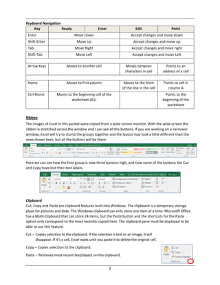 2
Keyboard Navigation
Key Ready Enter Edit Point
Enter Move Down Accept changes and move down
Shift‐Enter Move Up Accept changes and move up
Tab Move Right Accept changes and move right
Shift‐Tab Move Left Accept changes and move Left
Arrow Keys Moves to another cell Moves between
characters in cell
Points to an
address of a cell
Home Moves to first column Moves to the front
of the line in the cell
Points to cell in
column A
Ctrl‐Home Moves to the beginning cell of the
worksheet (A1)
Points to the
beginning of the
worksheet
Ribbon
The images of Excel in this packet were copied from a wide screen monitor. With the wide screen the
ribbon is stretched across the window and I can see all the buttons. If you are working on a narrower
window, Excel will try to clump the groups together and the layout may look a little different than the
ones shown here, but all the buttons will be there.
Here we can see how the font group is now three buttons high, and how some of the buttons like Cut
and Copy have lost their text labels.
Clipboard
Cut, Copy and Paste are clipboard features built into Windows. The clipboard is a temporary storage
place for pictures and data. The Windows clipboard can only store one item at a time. Microsoft Office
has a Multi‐Clipboard that can store 24 items, but the Paste button and the shortcuts for the Paste
option only correspond to the most recently copied item. The clipboard pane must be displayed to be
able to use this feature.
Cut – Copies selection to the clipboard. If the selection is text or an image, it will
disappear. If it’s a cell, Excel waits until you paste it to delete the original cell.
Copy – Copies selection to the clipboard.
Paste – Retrieves most recent text/object on the clipboard.
 