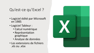 Qu’est-ce qu’Excel ?
• Logiciel édité par Microsoft
en 1985
• Logiciel Tableur :
• Calcul numérique
• Représentation
graphique
• Analyse de données
• Les extensions de fichiers
.xls ou .xlsx
 