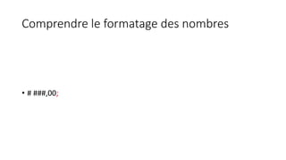 Comprendre le formatage des nombres
• # ###,00;[rouge]# ###;0,00;_-@_-
 