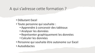 A qui s’adresse cette formation ?
• Débutant Excel
• Toute personne qui souhaite :
• Apprendre à concevoir des tableaux
• Analyser les données
• Représenter graphiquement les données
• Calculer les données
• Personne qui souhaite être autonome sur Excel
• Autodidactes
 