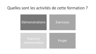Quelles sont les activités de cette formation ?
Démonstrations Exercices
Exercice
chronométré
Projet
 
