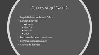 Qu’est-ce qu’Excel ?
• Logiciel tableur de la suite Office
• Compatible avec :
• Windows
• Mac OS
• Android
• Linux
• Fonctions de calcul numériques
• Représentation graphiques
• Analyse de données
 