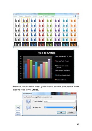 Podemos também deixar nosso gráfico isolado em uma nova planilha, basta
clicar no botão Mover Gráfico.




                                                                    47
 