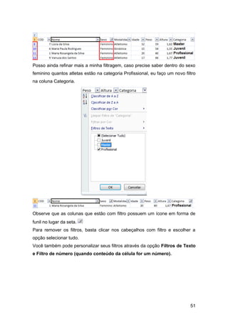 Posso ainda refinar mais a minha filtragem, caso precise saber dentro do sexo
feminino quantos atletas estão na categoria Profissional, eu faço um novo filtro
na coluna Categoria.




Observe que as colunas que estão com filtro possuem um ícone em forma de
funil no lugar da seta.
Para remover os filtros, basta clicar nos cabeçalhos com filtro e escolher a
opção selecionar tudo.
Você também pode personalizar seus filtros através da opção Filtros de Texto
e Filtro de número (quando conteúdo da célula for um número).




                                                                             51
 