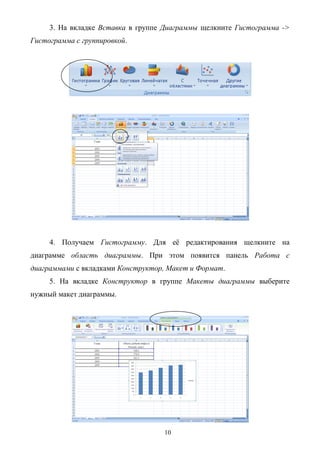 10
3. На вкладке Вставка в группе Диаграммы щелкните Гистограмма ->
Гистограмма с группировкой.
4. Получаем Гистограмму. Для еѐ редактирования щелкните на
диаграмме область диаграммы. При этом появится панель Работа с
диаграммами с вкладками Конструктор, Макет и Формат.
5. На вкладке Конструктор в группе Макеты диаграммы выберите
нужный макет диаграммы.
 