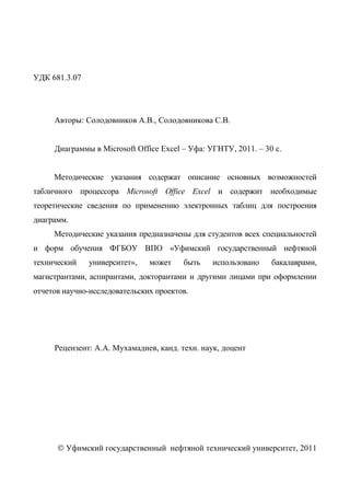 3
УДК 681.3.07
Авторы: Солодовников А.В., Солодовникова С.В.
Диаграммы в Microsoft Office Excel – Уфа: УГНТУ, 2011. – 30 с.
Методические указания содержат описание основных возможностей
табличного процессора Microsoft Office Excel и содержит необходимые
теоретические сведения по применению электронных таблиц для построения
диаграмм.
Методические указания предназначены для студентов всех специальностей
и форм обучения ФГБОУ ВПО «Уфимский государственный нефтяной
технический университет», может быть использовано бакалаврами,
магистрантами, аспирантами, докторантами и другими лицами при оформлении
отчетов научно-исследовательских проектов.
Рецензент: А.А. Мухамадиев, канд. техн. наук, доцент
Уфимский государственный нефтяной технический университет, 2011
 