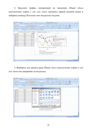 30
2. Выделите график, построенный по значениям Общий объем
производства нефти в год, млн. тонн. щелкните правой кнопкой мыши и
выберите команду Изменить тип диаграммы для ряда.
3. Выбирите для данного ряда Общий объем производства нефти в год,
млн. тонн тип диаграммы гистограмма.
 