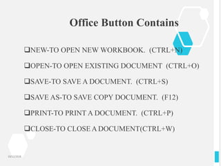 Office Button Contains
NEW-TO OPEN NEW WORKBOOK. (CTRL+N)
OPEN-TO OPEN EXISTING DOCUMENT (CTRL+O)
SAVE-TO SAVE A DOCUMENT. (CTRL+S)
SAVE AS-TO SAVE COPY DOCUMENT. (F12)
PRINT-TO PRINT A DOCUMENT. (CTRL+P)
CLOSE-TO CLOSEA DOCUMENT(CTRL+W)
10/12/2018
 