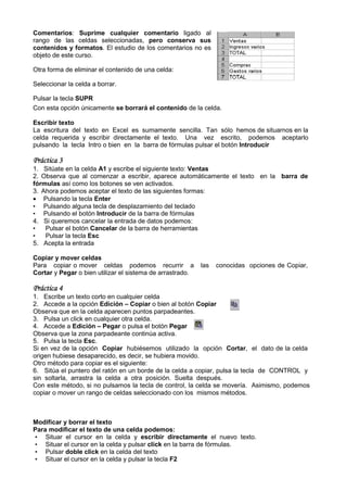 Comentarios: Suprime cualquier comentario ligado al
rango de las celdas seleccionadas, pero conserva sus
contenidos y formatos. El estudio de los comentarios no es
                      .
objeto de este curso.

Otra forma de eliminar el contenido de una celda:

Seleccionar la celda a borrar.

Pulsar la tecla SUPR
Con esta opción únicamente se borrará el contenido de la celda.

Escribir texto
La escritura del texto en Excel es sumamente sencilla. Tan sólo hemos de situarnos en la
celda requerida y escribir directamente el texto. Una vez escrito, podemos aceptarlo
pulsando la tecla Intro o bien en la barra de fórmulas pulsar el botón Introducir

Práctica 3
1. Sitúate en la celda A1 y escribe el siguiente texto Ventas
                                                 texto:
2. Observa que al comenzar a escribir, aparece automáticamente el texto en la barra de
fórmulas así como los botones se ven activados.
3. Ahora podemos aceptar el texto de las siguientes formas:
• Pulsando la tecla Enter
• Pulsando alguna tecla de desplazamiento del teclado
                              esplazamiento
• Pulsando el botón Introducir de la barra de fórmulas
4. Si queremos cancelar la entrada de datos podemos:
•   Pulsar el botón Cancelar de la barra de herramientas
•   Pulsar la tecla Esc
5. Acepta la entrada

Copiar y mover celdas
Para copiar o mover celdas podemos recurrir a              las   conocidas opciones de Copiar,
Cortar y Pegar o bien utilizar el sistema de arrastrado.

Práctica 4
1. Escribe un texto corto en cualquier celda
2. Accede a la opción Edición – Copiar o bien al botón Copiar
Observa que en la celda aparecen puntos parpadeantes.
3. Pulsa un click en cualquier otra celda.
4. Accede a Edición – Pegar o pulsa el botón Pegar
Observa que la zona parpadeante continúa activa.
5. Pulsa la tecla Esc.
Si en vez de la opción Copiar hubiésemos utilizado la opción Cortar, el dato de la celda
                                                                           ,
origen hubiese desaparecido, es decir, se hubiera movido.
Otro método para copiar es el siguiente:
6. Sitúa el puntero del ratón en un borde de la celda a copiar, pulsa la tecla de CONTROL y
sin soltarla, arrastra la celda a otra posición. Suelta después.
Con este método, si no pulsamos la tecla de control, la celda se movería. Asimismo, podemos
copiar o mover un rango de celdas seleccionado con los mismos métodos.
    iar



Modificar y borrar el texto
Para modificar el texto de una celda podemos:
• Situar el cursor en la celda y escribir directamente el nuevo texto.
• Situar el cursor en la celda y pulsar click en la barra de fórmulas.
• Pulsar doble click en la celda del texto
• Situar el cursor en la celda y pulsar la tecla F2
 