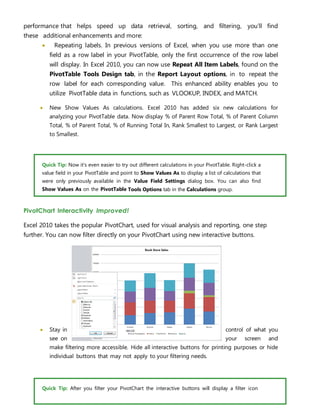 performance that helps speed up data retrieval, sorting, and filtering, you’ll find
these additional enhancements and more:
 Repeating labels. In previous versions of Excel, when you use more than one
field as a row label in your PivotTable, only the first occurrence of the row label
will display. In Excel 2010, you can now use Repeat All Item Labels, found on the
PivotTable Tools Design tab, in the Report Layout options, in to repeat the
row label for each corresponding value. This enhanced ability enables you to
utilize PivotTable data in functions, such as VLOOKUP, INDEX, and MATCH.
 New Show Values As calculations. Excel 2010 has added six new calculations for
analyzing your PivotTable data. Now display % of Parent Row Total, % of Parent Column
Total, % of Parent Total, % of Running Total In, Rank Smallest to Largest, or Rank Largest
to Smallest.
Quick Tip: Now it’s even easier to try out different calculations in your PivotTable. Right-click a
value field in your PivotTable and point to Show Values As to display a list of calculations that
were only previously available in the Value Field Settings dialog box. You can also find
Show Values As on the PivotTable Tools Options tab in the Calculations group.
PivotChart Interactivity Improved!
Excel 2010 takes the popular PivotChart, used for visual analysis and reporting, one step
further. You can now filter directly on your PivotChart using new interactive buttons.
 Stay in control of what you
see on your screen and
make filtering more accessible. Hide all interactive buttons for printing purposes or hide
individual buttons that may not apply to your filtering needs.
Quick Tip: After you filter your PivotChart the interactive buttons will display a filter icon
 