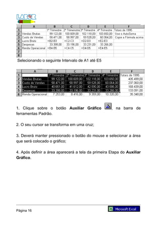 Selecionando o seguinte Intervalo de A1 até E5




1. Clique sobre o botão Auxiliar Gráfico            , na barra de
ferramentas Padrão.

2. O seu cursor se transforma em uma cruz;

3. Deverá manter pressionado o botão do mouse e selecionar a área
que será colocado o gráfico;

4. Após definir a área aparecerá a tela da primeira Etapa do Auxiliar
Gráfico.




Página 16
 