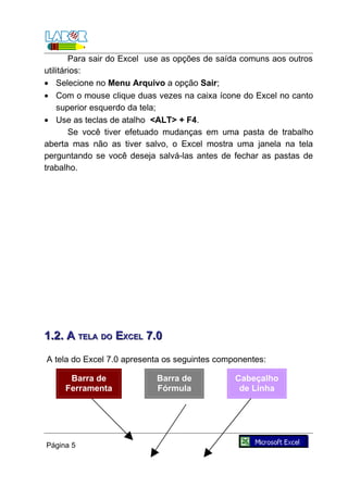 Para sair do Excel use as opções de saída comuns aos outros
utilitários:
• Selecione no Menu Arquivo a opção Sair;
• Com o mouse clique duas vezes na caixa ícone do Excel no canto
    superior esquerdo da tela;
• Use as teclas de atalho <ALT> + F4.
        Se você tiver efetuado mudanças em uma pasta de trabalho
aberta mas não as tiver salvo, o Excel mostra uma janela na tela
perguntando se você deseja salvá-las antes de fechar as pastas de
trabalho.




1.2. A TELA DO EXCEL 7.0

A tela do Excel 7.0 apresenta os seguintes componentes:

      Barra de              Barra de           Cabeçalho
     Ferramenta             Fórmula             de Linha
          s




Página 5
 