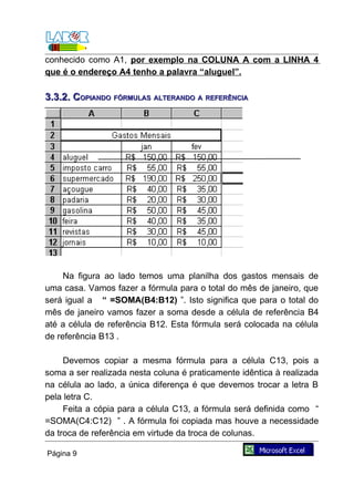 conhecido como A1, por exemplo na COLUNA A com a LINHA 4
que é o endereço A4 tenho a palavra “aluguel”.

3.3.2. COPIANDO FÓRMULAS ALTERANDO A REFERÊNCIA




     Na figura ao lado temos uma planilha dos gastos mensais de
uma casa. Vamos fazer a fórmula para o total do mês de janeiro, que
será igual a “ =SOMA(B4:B12) ”. Isto significa que para o total do
mês de janeiro vamos fazer a soma desde a célula de referência B4
até a célula de referência B12. Esta fórmula será colocada na célula
de referência B13 .

     Devemos copiar a mesma fórmula para a célula C13, pois a
soma a ser realizada nesta coluna é praticamente idêntica à realizada
na célula ao lado, a única diferença é que devemos trocar a letra B
pela letra C.
     Feita a cópia para a célula C13, a fórmula será definida como “
=SOMA(C4:C12) ” . A fórmula foi copiada mas houve a necessidade
da troca de referência em virtude da troca de colunas.

Página 9
 