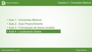 Excel Academy
www.excelacademy.com.br Thiago Iwamoto
• Aula 1 – Comandos Básicos
• Aula 2 – Auto Preenchimento
• Aula 3 – Formatação de dados simples
• Aula 4 – Localizando Dados
Capítulo 3 – Comandos Básicos
 
