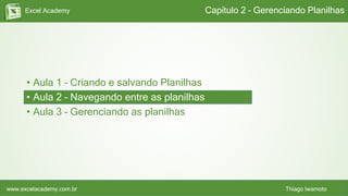 Excel Academy
www.excelacademy.com.br Thiago Iwamoto
Capítulo 2 – Gerenciando Planilhas
• Aula 1 – Criando e salvando Planilhas
• Aula 2 – Navegando entre as planilhas
• Aula 3 – Gerenciando as planilhas
 