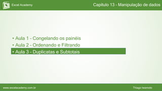 Excel Academy
www.excelacademy.com.br Thiago Iwamoto
• Aula 1 – Congelando os painéis
• Aula 2 – Ordenando e Filtrando
• Aula 3 – Duplicatas e Subtotais
Capítulo 13 – Manipulação de dados
 