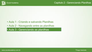 Excel Academy
www.excelacademy.com.br Thiago Iwamoto
Capítulo 2 – Gerenciando Planilhas
• Aula 1 – Criando e salvando Planilhas
• Aula 2 – Navegando entre as planilhas
• Aula 3 – Gerenciando as planilhas
 