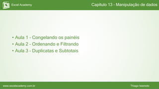 Excel Academy
www.excelacademy.com.br Thiago Iwamoto
• Aula 1 – Congelando os painéis
• Aula 2 – Ordenando e Filtrando
• Aula 3 – Duplicatas e Subtotais
Capítulo 13 – Manipulação de dados
 