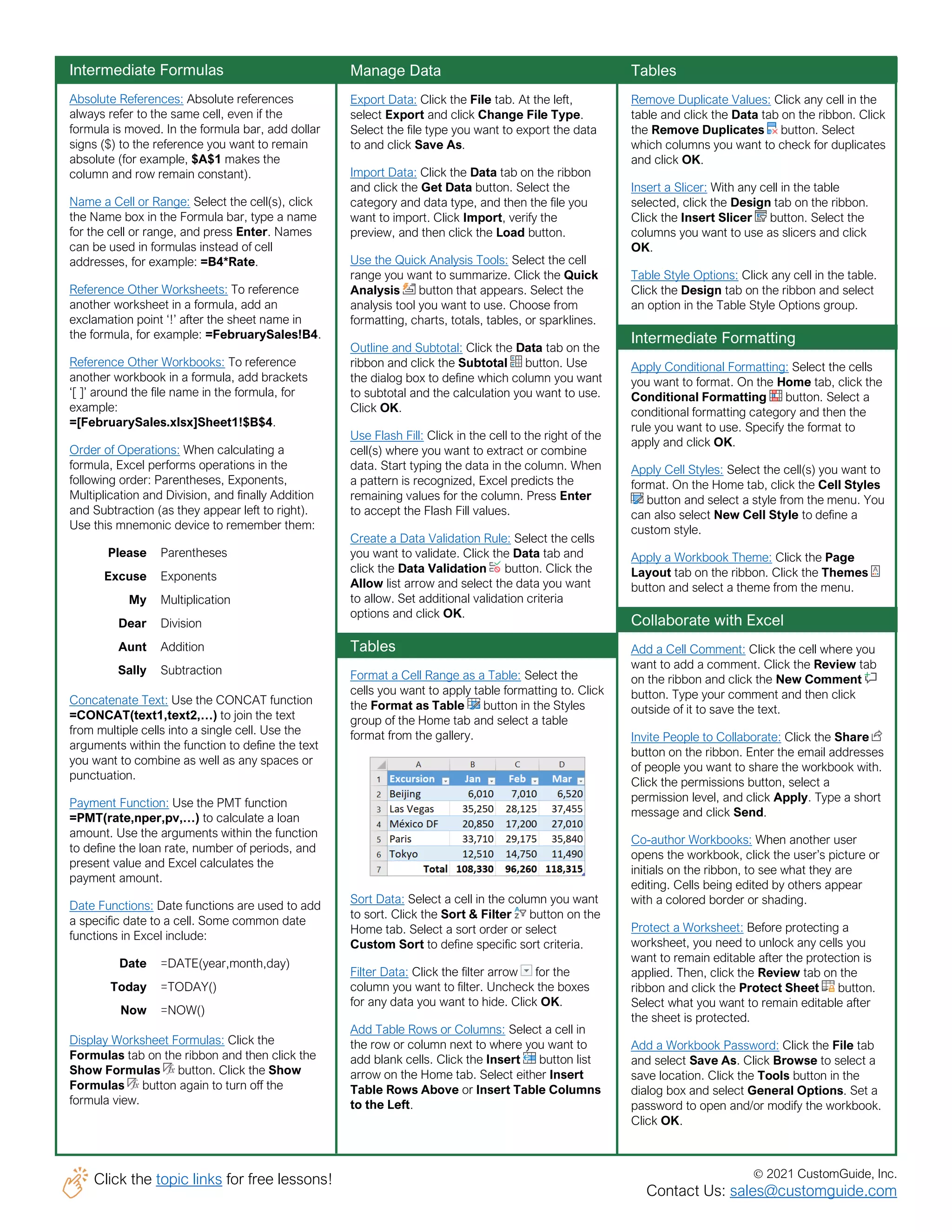 © 2021 CustomGuide, Inc.
Click the topic links for free lessons!
Contact Us: sales@customguide.com
Intermediate Formulas
Absolute References: Absolute references
always refer to the same cell, even if the
formula is moved. In the formula bar, add dollar
signs ($) to the reference you want to remain
absolute (for example, $A$1 makes the
column and row remain constant).
Name a Cell or Range: Select the cell(s), click
the Name box in the Formula bar, type a name
for the cell or range, and press Enter. Names
can be used in formulas instead of cell
addresses, for example: =B4*Rate.
Reference Other Worksheets: To reference
another worksheet in a formula, add an
exclamation point ‘!’ after the sheet name in
the formula, for example: =FebruarySales!B4.
Reference Other Workbooks: To reference
another workbook in a formula, add brackets
‘[ ]’ around the file name in the formula, for
example:
=[FebruarySales.xlsx]Sheet1!$B$4.
Order of Operations: When calculating a
formula, Excel performs operations in the
following order: Parentheses, Exponents,
Multiplication and Division, and finally Addition
and Subtraction (as they appear left to right).
Use this mnemonic device to remember them:
Please Parentheses
Excuse Exponents
My Multiplication
Dear Division
Aunt Addition
Sally Subtraction
Concatenate Text: Use the CONCAT function
=CONCAT(text1,text2,…) to join the text
from multiple cells into a single cell. Use the
arguments within the function to define the text
you want to combine as well as any spaces or
punctuation.
Payment Function: Use the PMT function
=PMT(rate,nper,pv,…) to calculate a loan
amount. Use the arguments within the function
to define the loan rate, number of periods, and
present value and Excel calculates the
payment amount.
Date Functions: Date functions are used to add
a specific date to a cell. Some common date
functions in Excel include:
Date =DATE(year,month,day)
Today =TODAY()
Now =NOW()
Display Worksheet Formulas: Click the
Formulas tab on the ribbon and then click the
Show Formulas button. Click the Show
Formulas button again to turn off the
formula view.
Manage Data
Export Data: Click the File tab. At the left,
select Export and click Change File Type.
Select the file type you want to export the data
to and click Save As.
Import Data: Click the Data tab on the ribbon
and click the Get Data button. Select the
category and data type, and then the file you
want to import. Click Import, verify the
preview, and then click the Load button.
Use the Quick Analysis Tools: Select the cell
range you want to summarize. Click the Quick
Analysis button that appears. Select the
analysis tool you want to use. Choose from
formatting, charts, totals, tables, or sparklines.
Outline and Subtotal: Click the Data tab on the
ribbon and click the Subtotal button. Use
the dialog box to define which column you want
to subtotal and the calculation you want to use.
Click OK.
Use Flash Fill: Click in the cell to the right of the
cell(s) where you want to extract or combine
data. Start typing the data in the column. When
a pattern is recognized, Excel predicts the
remaining values for the column. Press Enter
to accept the Flash Fill values.
Create a Data Validation Rule: Select the cells
you want to validate. Click the Data tab and
click the Data Validation button. Click the
Allow list arrow and select the data you want
to allow. Set additional validation criteria
options and click OK.
Tables
Format a Cell Range as a Table: Select the
cells you want to apply table formatting to. Click
the Format as Table button in the Styles
group of the Home tab and select a table
format from the gallery.
Sort Data: Select a cell in the column you want
to sort. Click the Sort & Filter button on the
Home tab. Select a sort order or select
Custom Sort to define specific sort criteria.
Filter Data: Click the filter arrow for the
column you want to filter. Uncheck the boxes
for any data you want to hide. Click OK.
Add Table Rows or Columns: Select a cell in
the row or column next to where you want to
add blank cells. Click the Insert button list
arrow on the Home tab. Select either Insert
Table Rows Above or Insert Table Columns
to the Left.
Tables
Remove Duplicate Values: Click any cell in the
table and click the Data tab on the ribbon. Click
the Remove Duplicates button. Select
which columns you want to check for duplicates
and click OK.
Insert a Slicer: With any cell in the table
selected, click the Design tab on the ribbon.
Click the Insert Slicer button. Select the
columns you want to use as slicers and click
OK.
Table Style Options: Click any cell in the table.
Click the Design tab on the ribbon and select
an option in the Table Style Options group.
Intermediate Formatting
Apply Conditional Formatting: Select the cells
you want to format. On the Home tab, click the
Conditional Formatting button. Select a
conditional formatting category and then the
rule you want to use. Specify the format to
apply and click OK.
Apply Cell Styles: Select the cell(s) you want to
format. On the Home tab, click the Cell Styles
button and select a style from the menu. You
can also select New Cell Style to define a
custom style.
Apply a Workbook Theme: Click the Page
Layout tab on the ribbon. Click the Themes
button and select a theme from the menu.
Collaborate with Excel
Add a Cell Comment: Click the cell where you
want to add a comment. Click the Review tab
on the ribbon and click the New Comment
button. Type your comment and then click
outside of it to save the text.
Invite People to Collaborate: Click the Share
button on the ribbon. Enter the email addresses
of people you want to share the workbook with.
Click the permissions button, select a
permission level, and click Apply. Type a short
message and click Send.
Co-author Workbooks: When another user
opens the workbook, click the user’s picture or
initials on the ribbon, to see what they are
editing. Cells being edited by others appear
with a colored border or shading.
Protect a Worksheet: Before protecting a
worksheet, you need to unlock any cells you
want to remain editable after the protection is
applied. Then, click the Review tab on the
ribbon and click the Protect Sheet button.
Select what you want to remain editable after
the sheet is protected.
Add a Workbook Password: Click the File tab
and select Save As. Click Browse to select a
save location. Click the Tools button in the
dialog box and select General Options. Set a
password to open and/or modify the workbook.
Click OK.
 