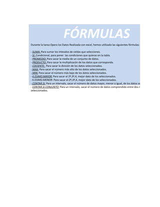 FÓRMULAS
Durante la tarea Opera los Datos Realizada con excel, hemos utilizado las siguientes fórmulas:

- SUMA: Para sumar los intevalos de celdas que selecciones.
- SI: Condicional, para poner las condiciones que quieras en la tabla.
- PROMEDIO: Para sacar la media de un conjunto de datos.
- PRODUCTO: Para sacar la multiplicacón de los datos que corresponda.
- COCIENTE: Para sacar la división de los datos seleccionados.
- MAX: Para sacar el número más alto de los datos seleccionados.
- MIN: Para sacar el número más bajo de los datos seleccionados.
- K.ESIMO.MAYOR: Para sacar el 2º,3º,4, mejor dato de los seleccionados.
- K.ESIMO.MENOR: Para sacar el 2º,3º,4, mejor dato de los seleccionados.
- CONTAR.SI: Para un intervalo, sacar el número de datos mayor, menor o igual, de los datos seleccionados.
- CONTAR.SI.CONJUNTO: Para un intervalo, sacar el número de datos comprendido entre dos números, de los da
seleccionados.
 