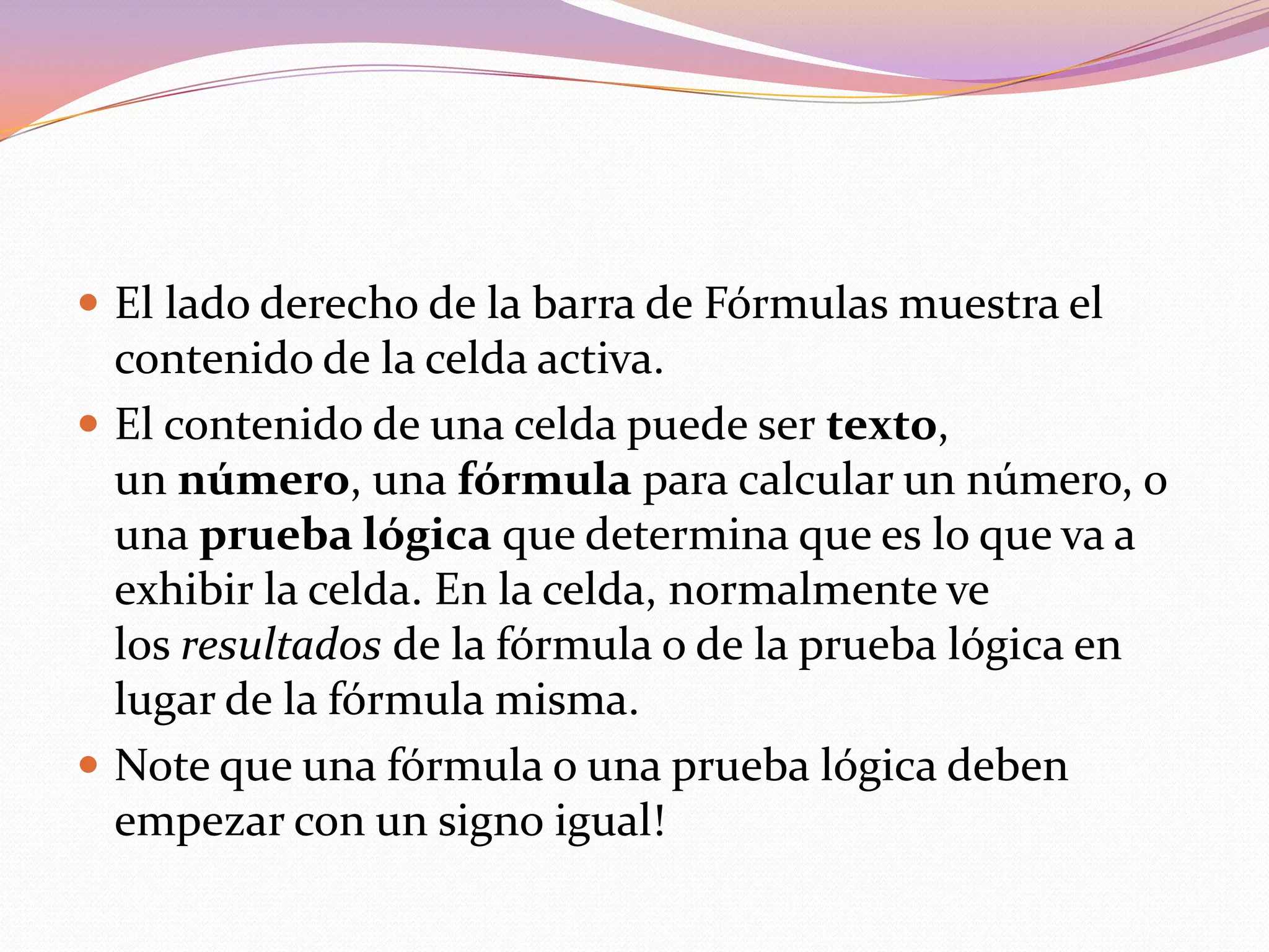 	Cuando el cursor está posicionado en alguna celda preparado para trabajar con ésta, dicha celda se denomina Celda activa y se identifica porque aparece más remarcada que las demás.	De igual forma tenemos la fila activa, fila donde se encuentra la celda activa y columna activa, columna de la celda activa.	Otro concepto muy importante en una hoja de cálculo es el de Rango, que es un bloque rectangular de una o más celdas que Excel trata como una unidad. Los rangos son vitales en la Hoja de Cálculo, ya que todo tipo de operaciones se realizan a base de rangos. Más adelante veremos las distintas formas de definir un rango.